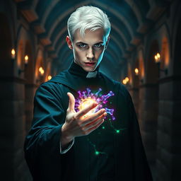 Draco Malfoy with a glowing plasma membrane in his hand, showcasing a magical and futuristic aesthetic