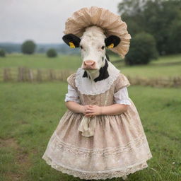 An adorable cow dressed in vintage clothing, sporting a Victorian-era bonnet and petticoat, exuding the charm of an old-fashioned countryside.