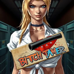 A close-up shot focusing on a sexy female character with blonde hair, wearing a white shirt tied at the front, accentuating her large chest and cleavage