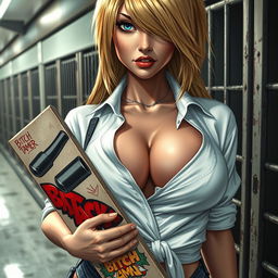 A close-up shot focusing on a sexy female character with blonde hair, wearing a white shirt tied at the front, accentuating her large chest and cleavage