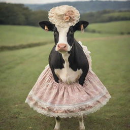 An adorable cow dressed in vintage clothing, sporting a Victorian-era bonnet and petticoat, exuding the charm of an old-fashioned countryside.