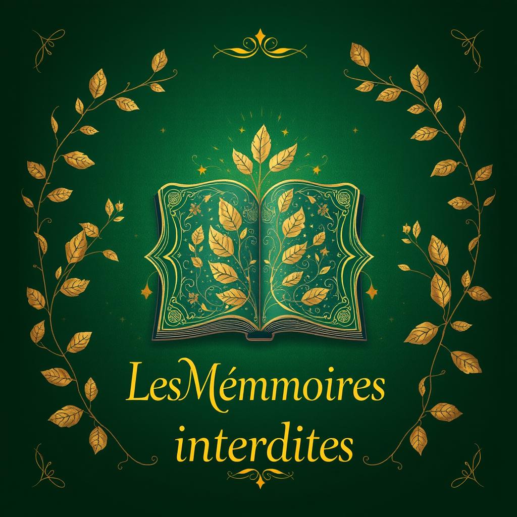 A book cover design for "Les Mémoires interdites", featuring a vivid green background embellished with soft light gold elements