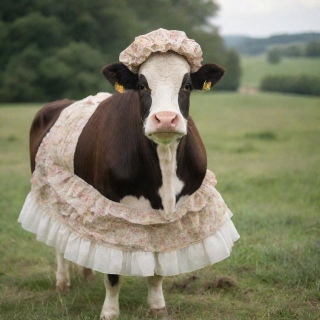 An adorable cow dressed in vintage clothing, sporting a Victorian-era bonnet and petticoat, exuding the charm of an old-fashioned countryside.