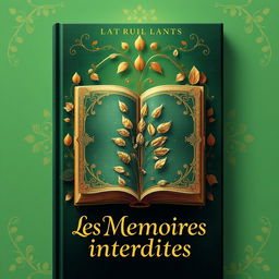 A book cover design for "Les Mémoires interdites", featuring a vivid green background embellished with soft light gold elements