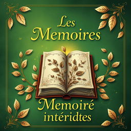 A book cover design for "Les Mémoires interdites", featuring a vivid green background embellished with soft light gold elements