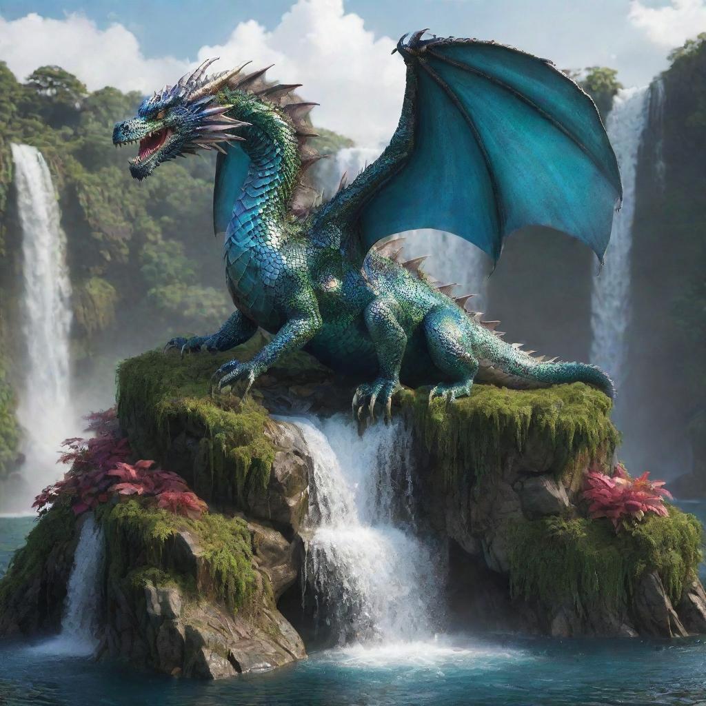 A majestic dragon with scales shimmering in various hues. Upon its expansive back rests a lush floating island, complete with a waterfall descending from the edge.