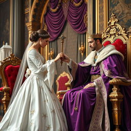 A regal scene depicting a king wearing a rich purple robe, elegantly seated on a lavish throne