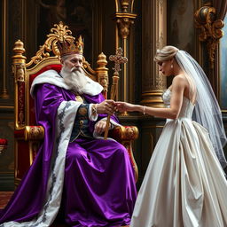 A regal scene depicting a king wearing a rich purple robe, elegantly seated on a lavish throne