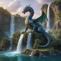 A majestic dragon with scales shimmering in various hues. Upon its expansive back rests a lush floating island, complete with a waterfall descending from the edge.