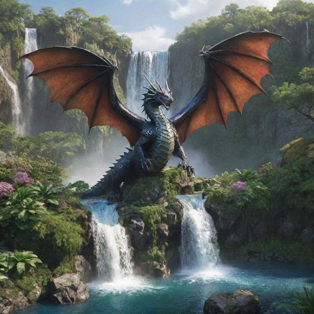 A majestic dragon with scales shimmering in various hues. Upon its expansive back rests a lush floating island, complete with a waterfall descending from the edge.