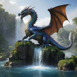 A majestic dragon with scales shimmering in various hues. Upon its expansive back rests a lush floating island, complete with a waterfall descending from the edge.