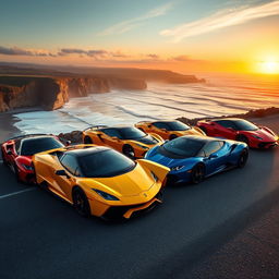 A stunning lineup of exotic sports cars parked along a beautiful coastal road during sunset