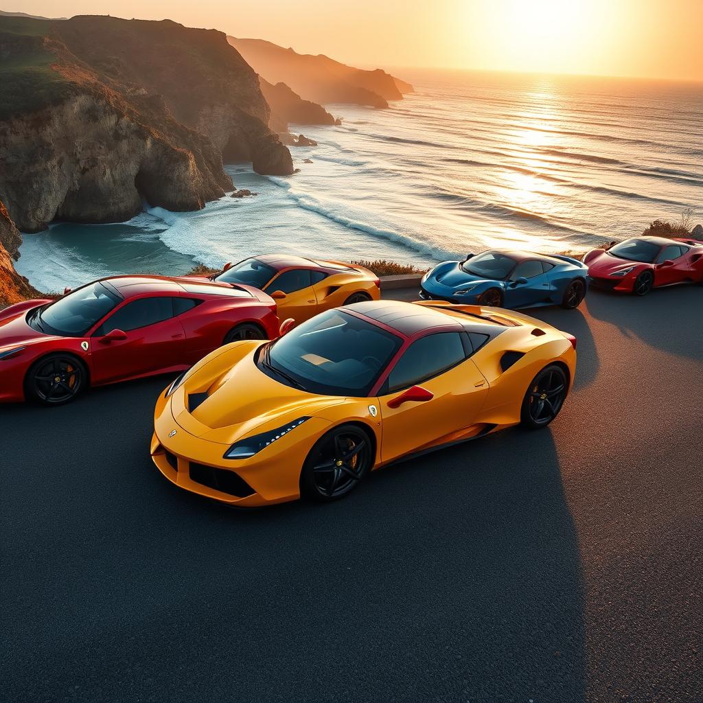 A stunning lineup of exotic sports cars parked along a beautiful coastal road during sunset