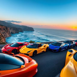 A stunning lineup of exotic sports cars parked along a beautiful coastal road during sunset