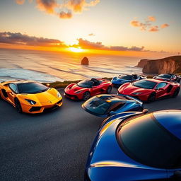 A stunning lineup of exotic sports cars parked along a beautiful coastal road during sunset