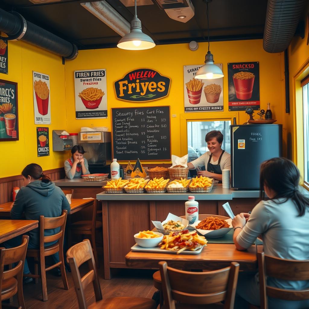 An inviting small french fries restaurant with a warm, cozy atmosphere