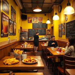 An inviting small french fries restaurant with a warm, cozy atmosphere