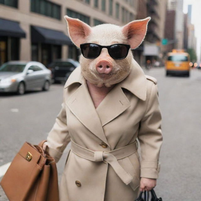 A stylish pig dressed in typical New York fashion, donning a chic trench coat, sleek sunglasses, and a trendy leather handbag, walking down a bustling city street.