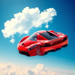 A stunning, high-performance Ferrari sports car floating majestically in a bright blue sky, surrounded by fluffy white clouds