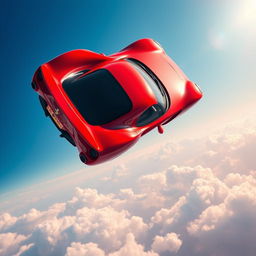 A stunning, high-performance Ferrari sports car floating majestically in a bright blue sky, surrounded by fluffy white clouds