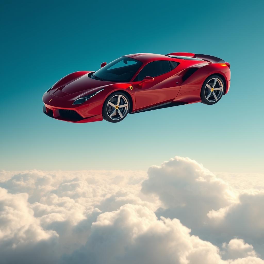 A stunning, high-performance Ferrari sports car floating majestically in a bright blue sky, surrounded by fluffy white clouds