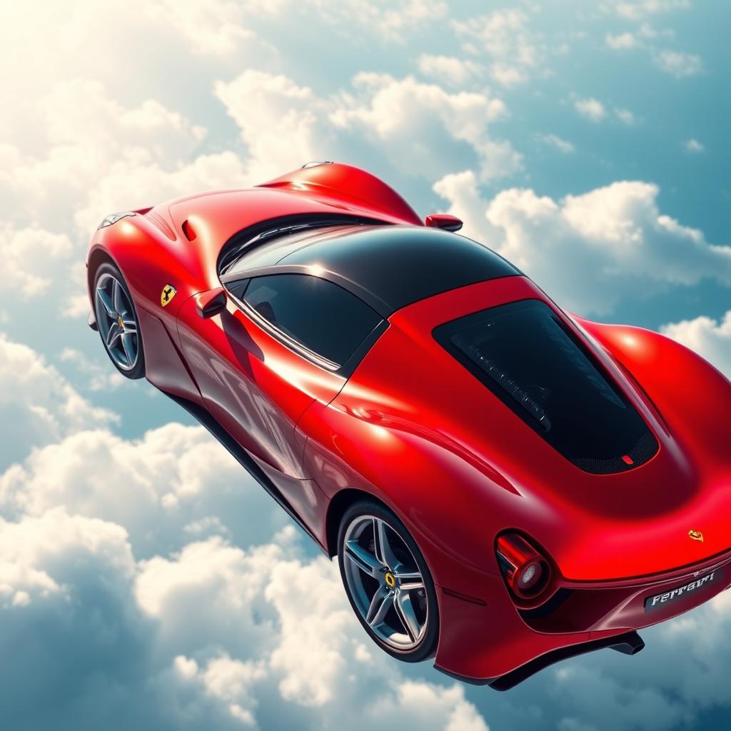 A stunning, high-performance Ferrari sports car floating majestically in a bright blue sky, surrounded by fluffy white clouds