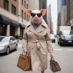 A stylish pig dressed in typical New York fashion, donning a chic trench coat, sleek sunglasses, and a trendy leather handbag, walking down a bustling city street.