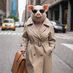 A stylish pig dressed in typical New York fashion, donning a chic trench coat, sleek sunglasses, and a trendy leather handbag, walking down a bustling city street.