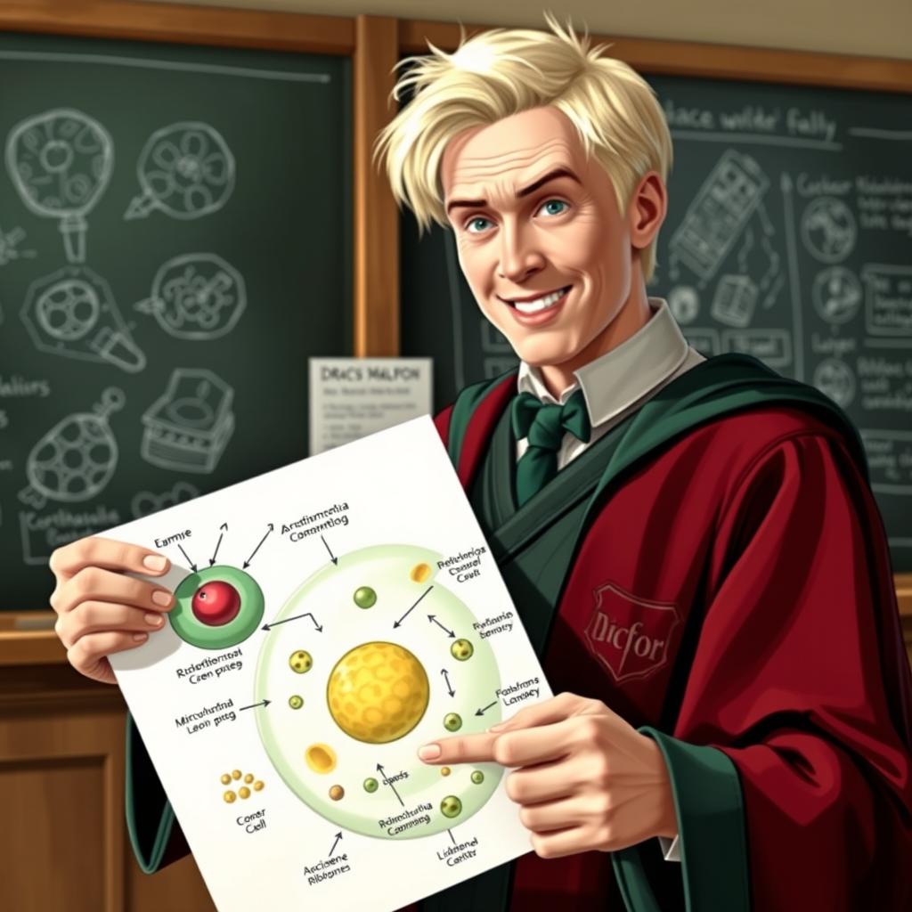 A dynamic and engaging scene featuring Draco Malfoy confidently explaining the functioning of a cell