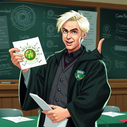 A dynamic and engaging scene featuring Draco Malfoy confidently explaining the functioning of a cell