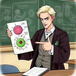 A dynamic and engaging scene featuring Draco Malfoy confidently explaining the functioning of a cell