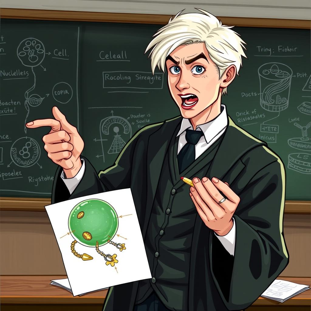 A dynamic and engaging scene featuring Draco Malfoy confidently explaining the functioning of a cell