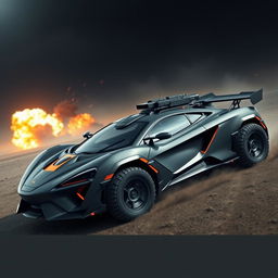 A futuristic war McLaren vehicle designed for combat, showcasing a sleek aerodynamic body with sharp angles and aggressive styling