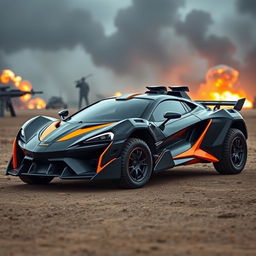 A futuristic war McLaren vehicle designed for combat, showcasing a sleek aerodynamic body with sharp angles and aggressive styling