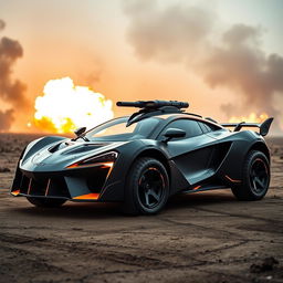 A futuristic war McLaren vehicle designed for combat, showcasing a sleek aerodynamic body with sharp angles and aggressive styling