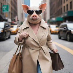 A stylish pig dressed in typical New York fashion, donning a chic trench coat, sleek sunglasses, and a trendy leather handbag, walking down a bustling city street.