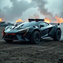 A futuristic war McLaren vehicle designed for combat, showcasing a sleek aerodynamic body with sharp angles and aggressive styling