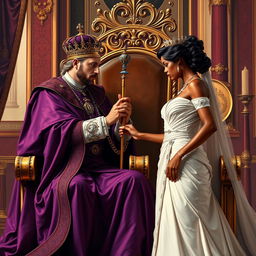 A regal scene depicting a king dressed in a rich purple robe, elegantly seated on a majestic throne