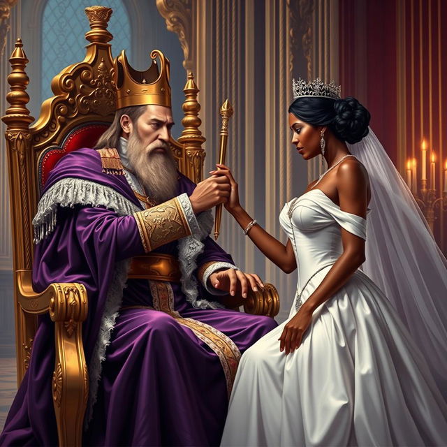 A regal scene depicting a king dressed in a rich purple robe, elegantly seated on a majestic throne