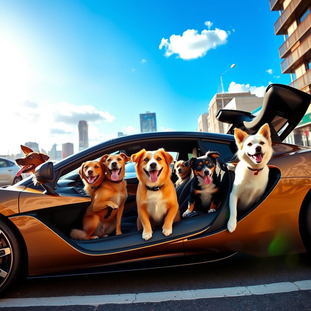 A luxurious McLaren sports car parked on the street, filled with various breeds of playful and happy dogs