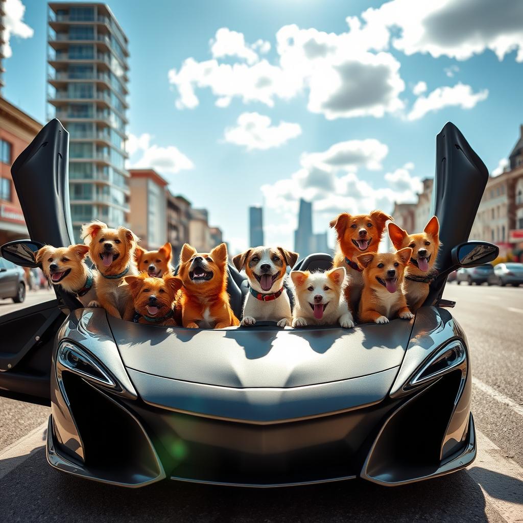 A luxurious McLaren sports car parked on the street, filled with various breeds of playful and happy dogs