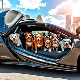 A luxurious McLaren sports car parked on the street, filled with various breeds of playful and happy dogs