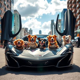 A luxurious McLaren sports car parked on the street, filled with various breeds of playful and happy dogs