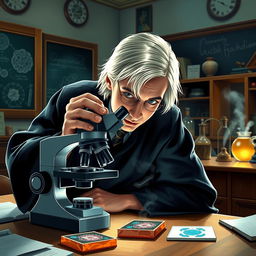 A dynamic scene featuring Draco Malfoy intently observing a sample through a microscope in a classroom