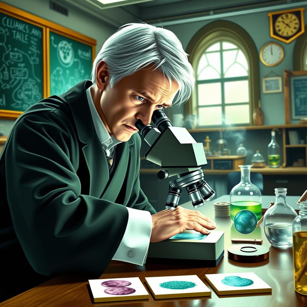 A dynamic scene featuring Draco Malfoy intently observing a sample through a microscope in a classroom