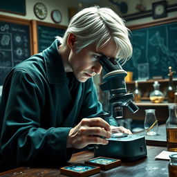 A dynamic scene featuring Draco Malfoy intently observing a sample through a microscope in a classroom