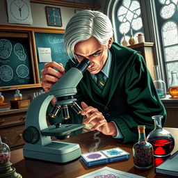 A dynamic scene featuring Draco Malfoy intently observing a sample through a microscope in a classroom