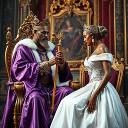 A regal scene featuring a bronzed king dressed in a luxurious purple robe, elegantly seated on an ornate throne