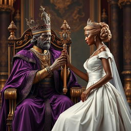 A regal scene featuring a bronzed king dressed in a luxurious purple robe, elegantly seated on an ornate throne