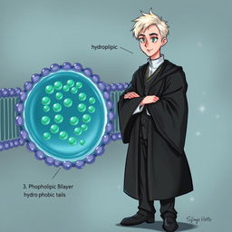 A detailed illustration showcasing the lipids of a cell membrane, focusing on the phospholipid bilayer structure, with clear representations of hydrophilic heads and hydrophobic tails